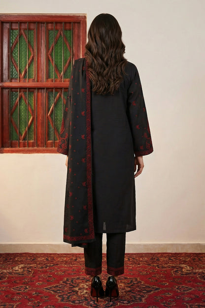 Black Floral Printed Jacquard Straight Kurta with Pants and Dupatta Set