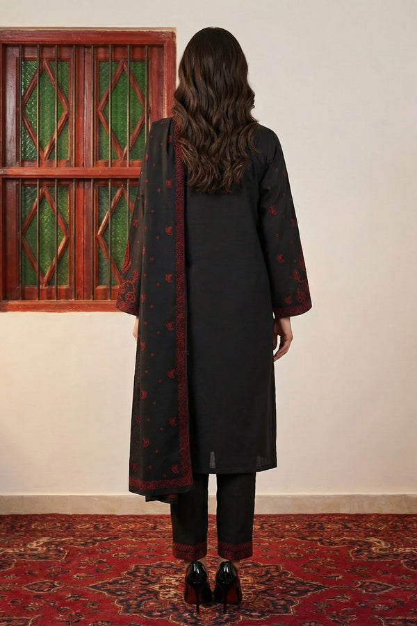 Black Floral Printed Jacquard Straight Kurta with Pants and Dupatta Set