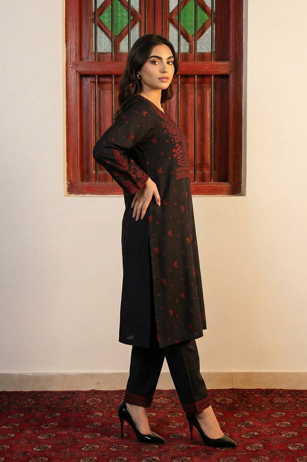 Black Floral Printed Jacquard Straight Kurta with Pants and Dupatta Set
