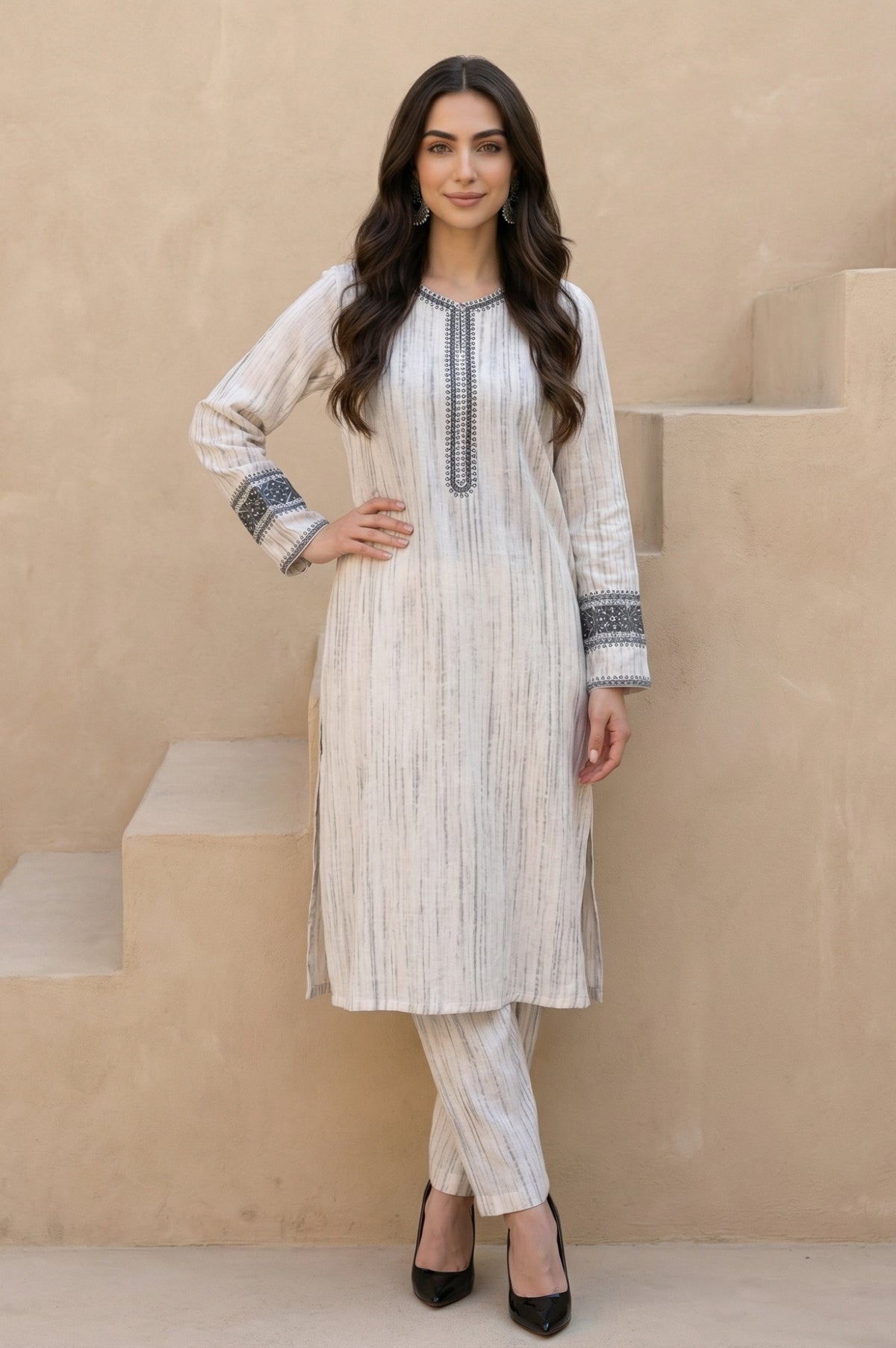Off White Striped Rayon Blend Winter Straight Kurta with Pants Set - XS
