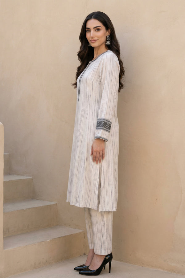 Off White Striped Rayon Blend Winter Straight Kurta with Pants Set