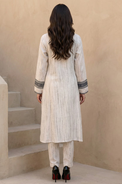 Off White Striped Rayon Blend Winter Straight Kurta with Pants Set