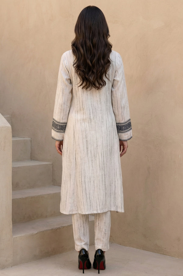 Off White Striped Rayon Blend Winter Straight Kurta with Pants Set