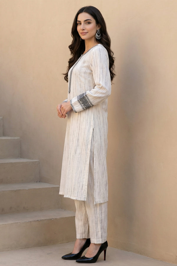 Off White Striped Rayon Blend Winter Straight Kurta with Pants Set