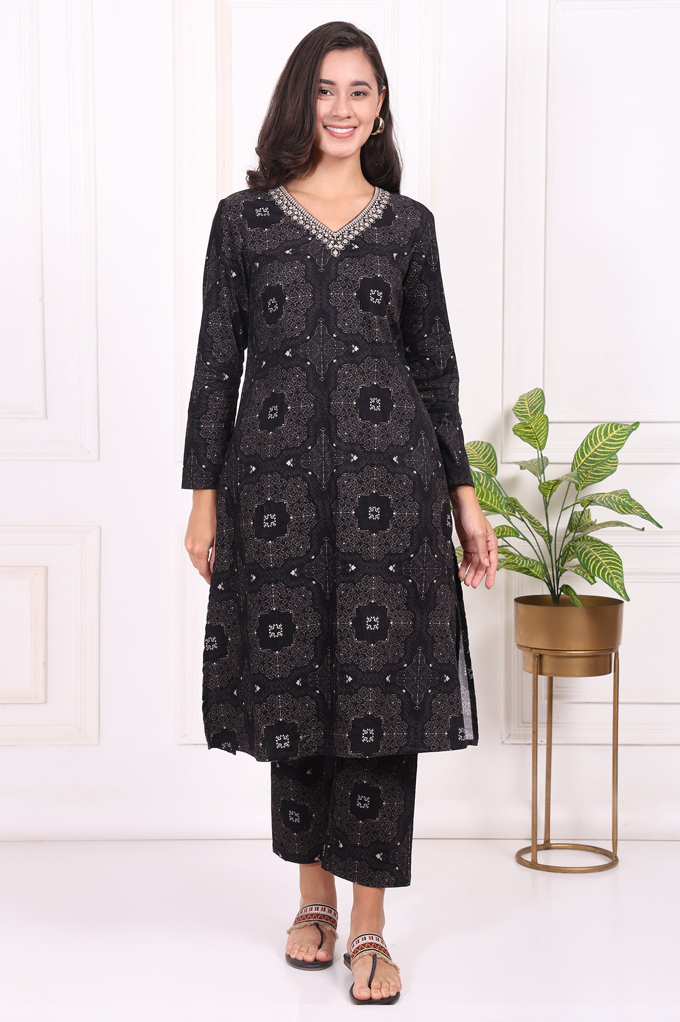Black Ethnic Motifs Printed Embroidered Pure Cotton Straight Kurta and Pants Set