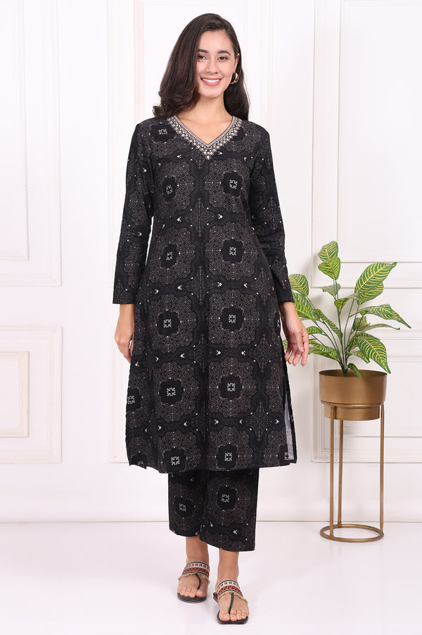 Black Ethnic Motifs Printed Embroidered Pure Cotton Straight Kurta and Pants Set