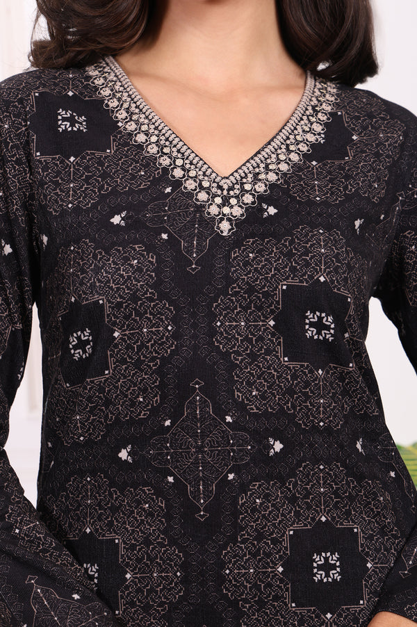 Black Ethnic Motifs Printed Embroidered Pure Cotton Straight Kurta and Pants Set