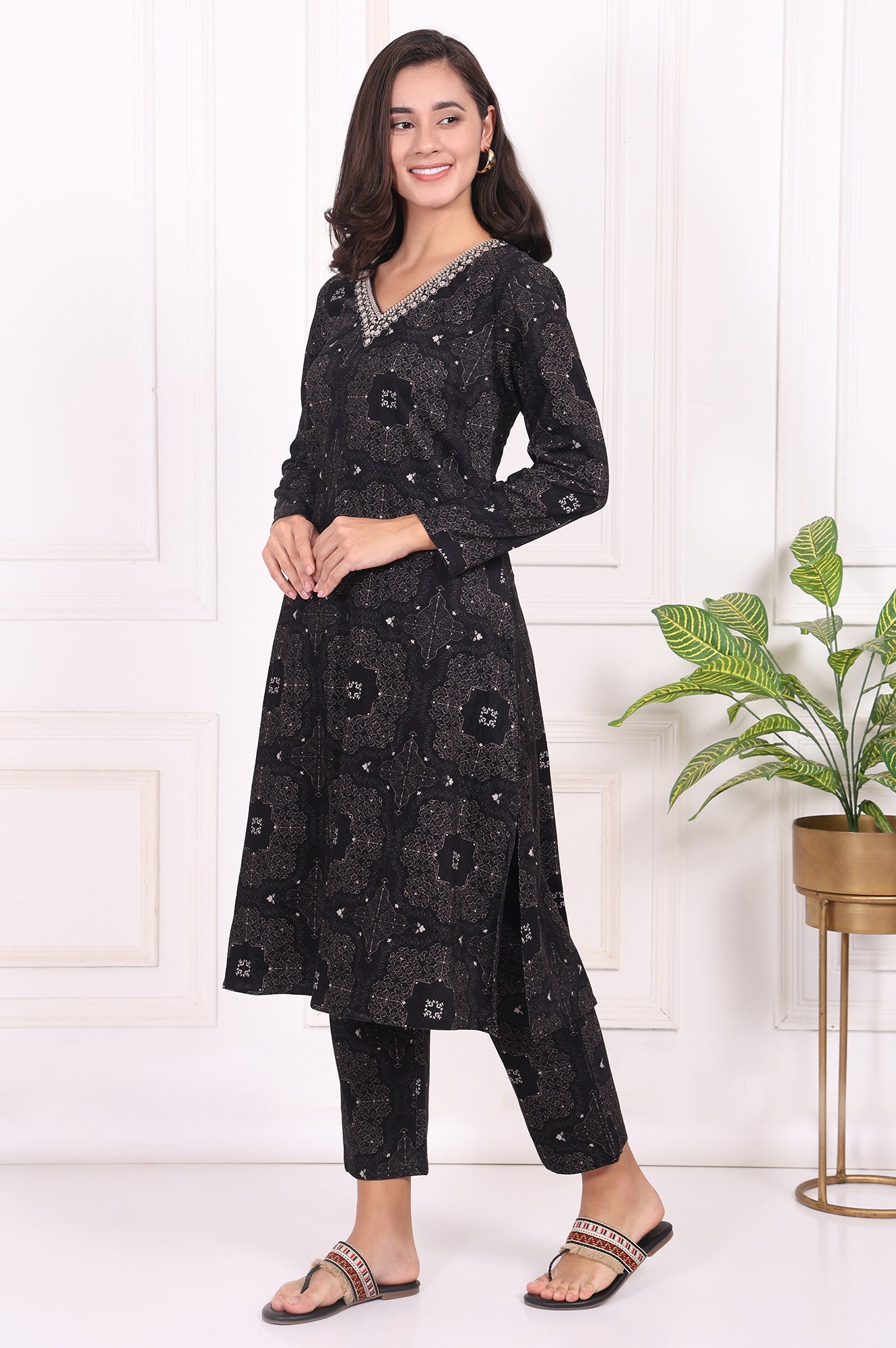 Black Ethnic Motifs Printed Embroidered Pure Cotton Straight Kurta and Pants Set