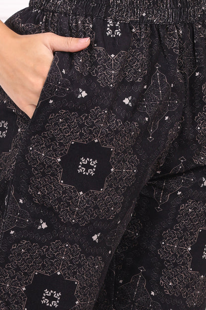 Black Ethnic Motifs Printed Embroidered Pure Cotton Straight Kurta and Pants Set