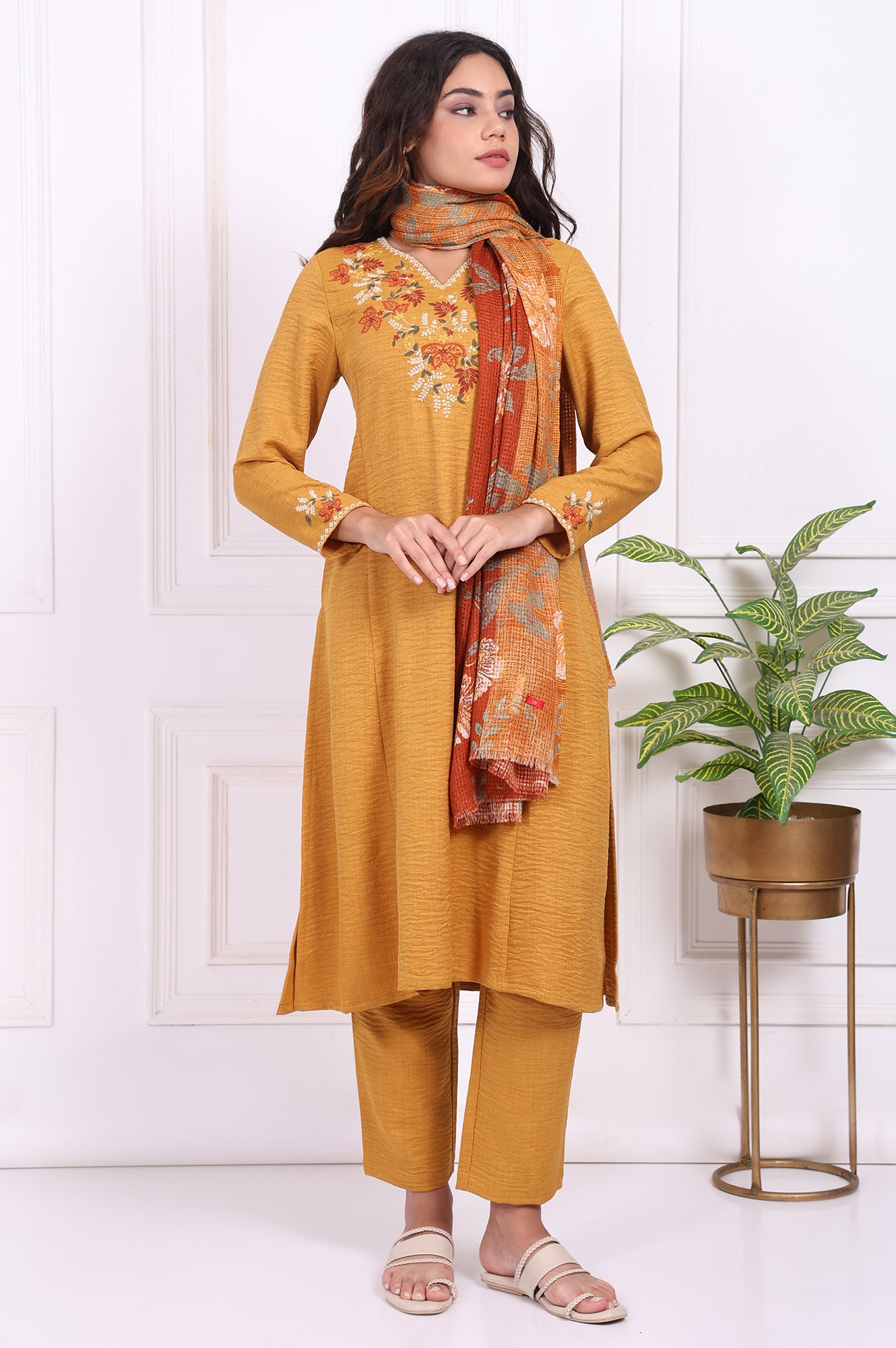 Mustard Floral Embroidered Straight Kurta with Straight Pant and Dupatta Set