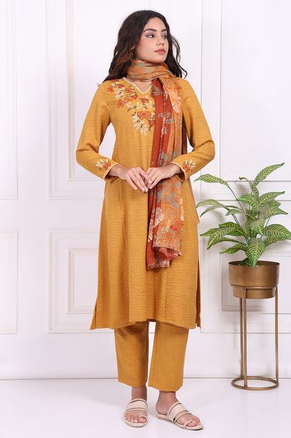 Mustard Floral Embroidered Straight Kurta with Straight Pant and Dupatta Set