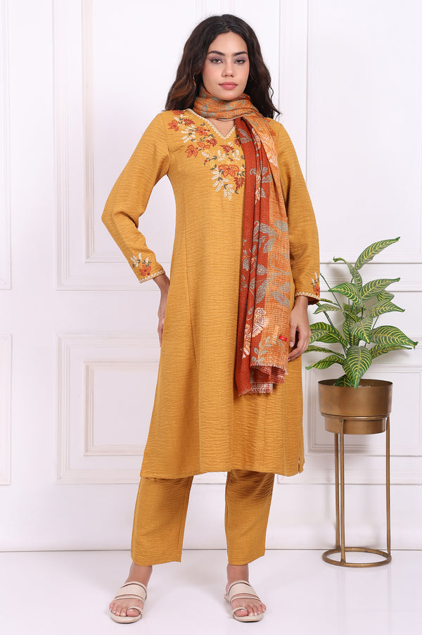Mustard Floral Embroidered Straight Kurta with Straight Pant and Dupatta Set