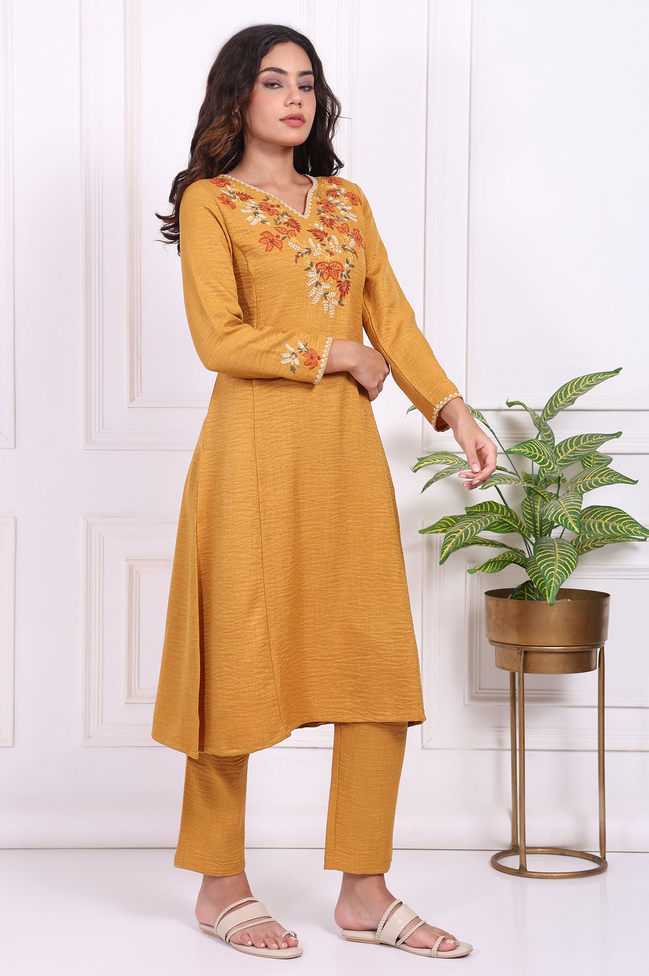 Mustard Floral Embroidered Straight Kurta with Straight Pant and Dupatta Set