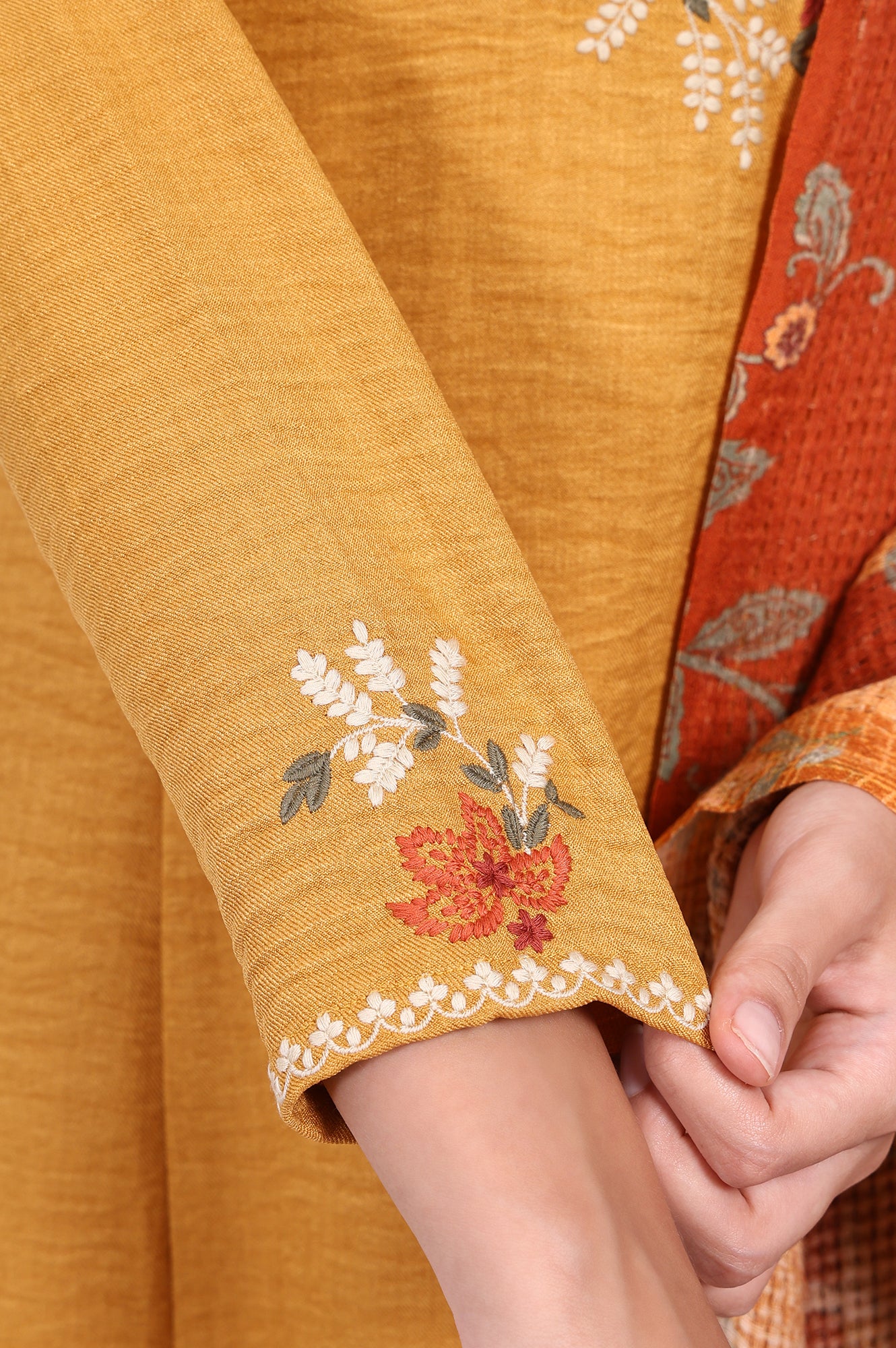 Mustard Floral Embroidered Straight Kurta with Straight Pant and Dupatta Set