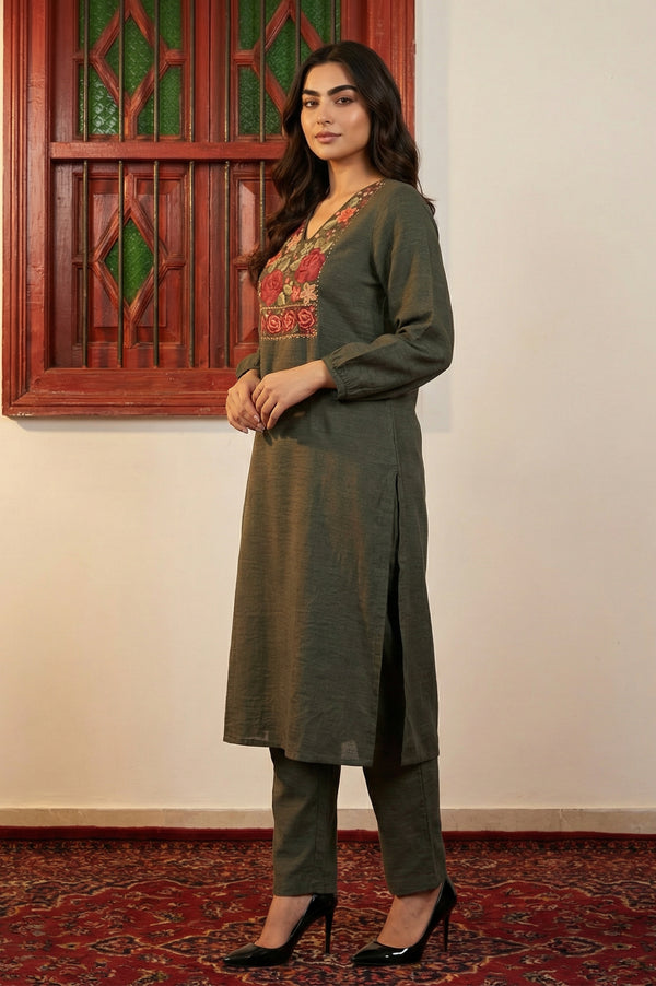 Olive Thread Embroidered Straight Winter Kurta with Pants and Dupatta Set