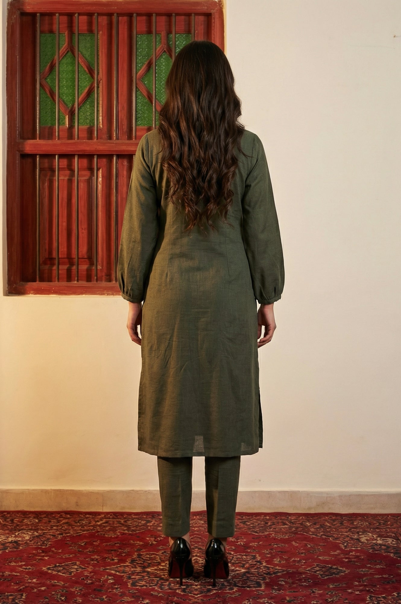 Olive Thread Embroidered Straight Winter Kurta with Pants and Dupatta Set