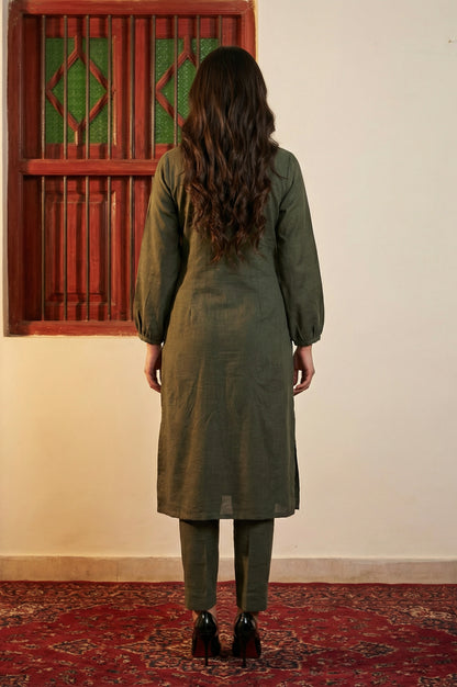 Olive Thread Embroidered Straight Winter Kurta with Pants and Dupatta Set