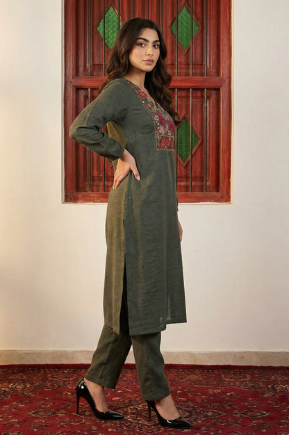 Olive Thread Embroidered Straight Winter Kurta with Pants and Dupatta Set