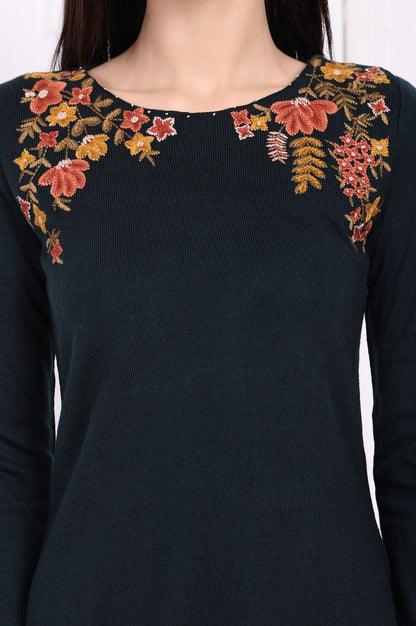 Green Embroidered A-Line Acrylic Kurta with Straight Pant