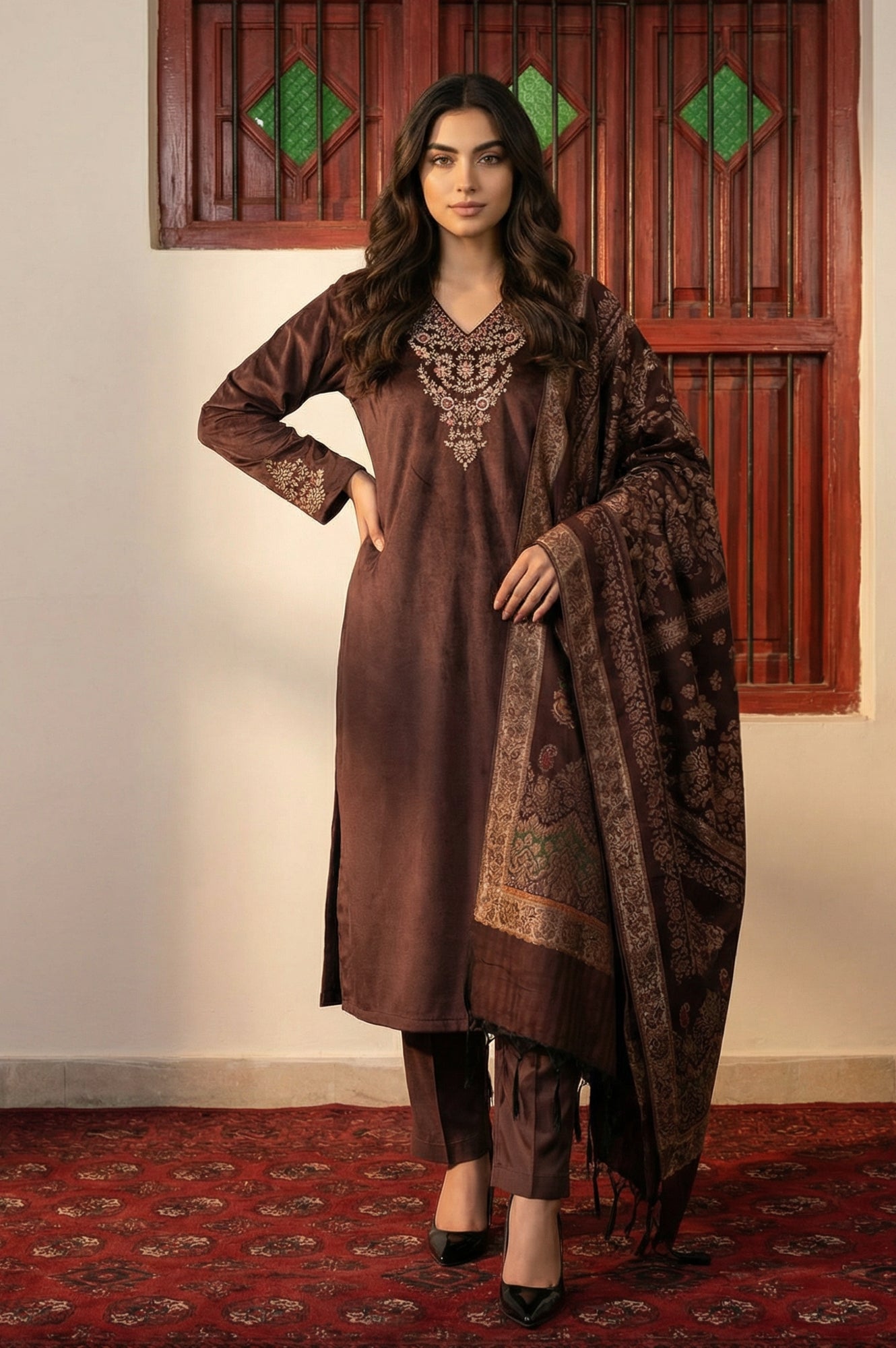Brown Zari Embroidered Straight Velvet Kurta with Pants and Dupatta Set