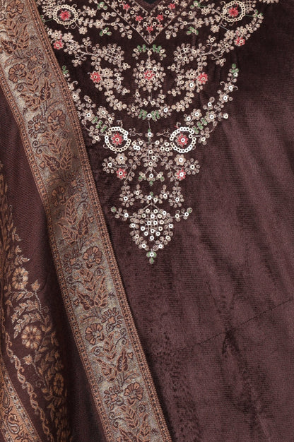 Brown Zari Embroidered Straight Velvet Kurta with Pants and Dupatta Set