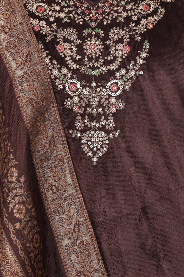 Brown Zari Embroidered Straight Velvet Kurta with Pants and Dupatta Set