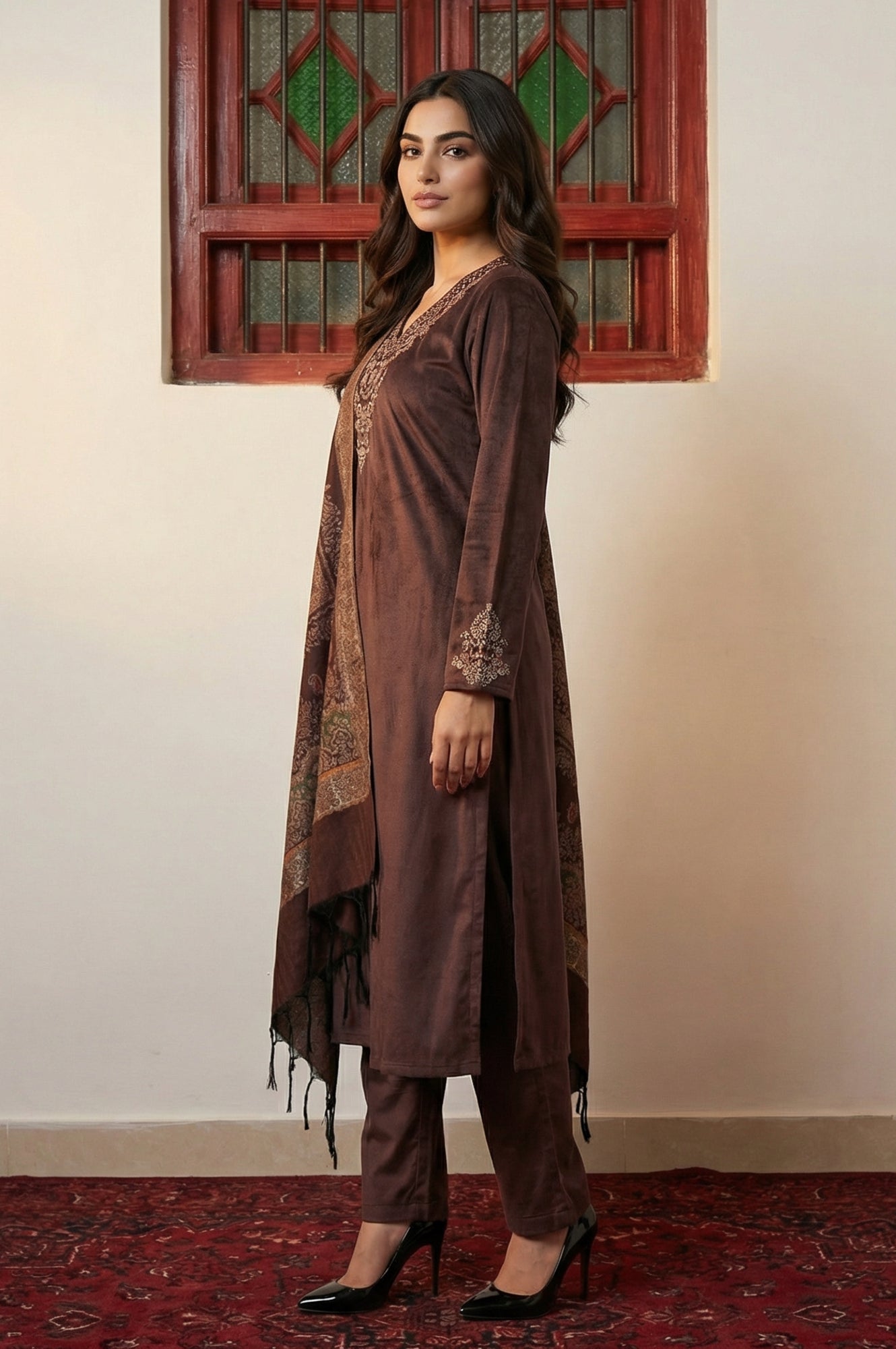Brown Zari Embroidered Straight Velvet Kurta with Pants and Dupatta Set