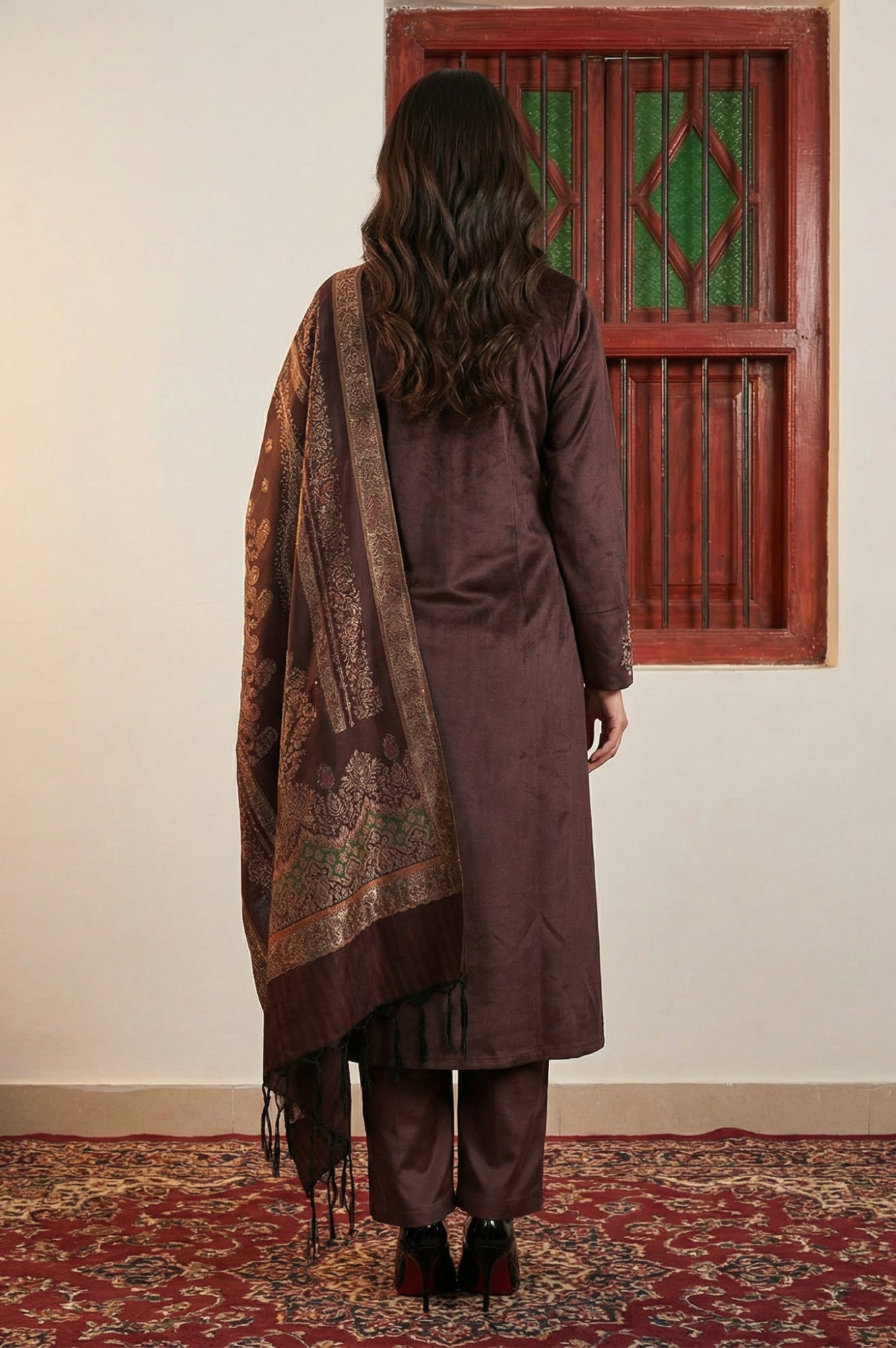 Brown Zari Embroidered Straight Velvet Kurta with Pants and Dupatta Set