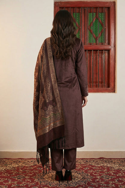 Brown Zari Embroidered Straight Velvet Kurta with Pants and Dupatta Set