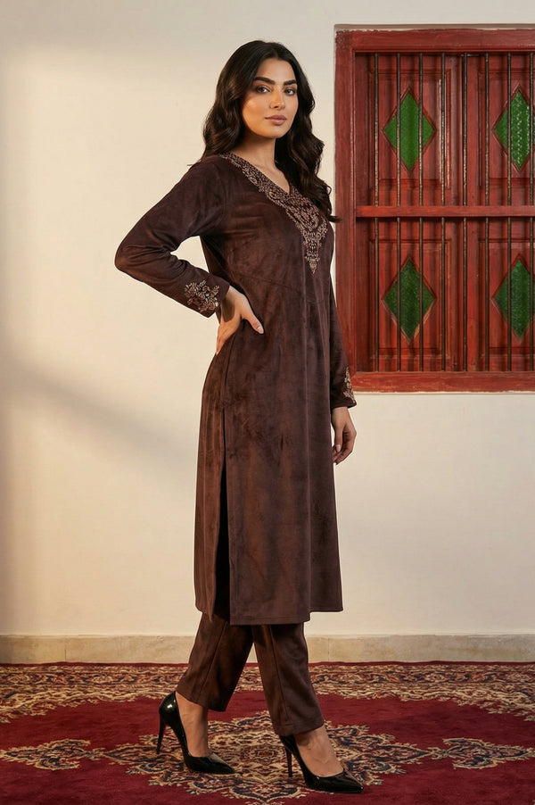 Brown Zari Embroidered Straight Velvet Kurta with Pants and Dupatta Set