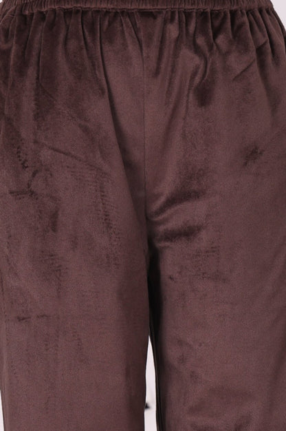 Brown Zari Embroidered Straight Velvet Kurta with Pants and Dupatta Set