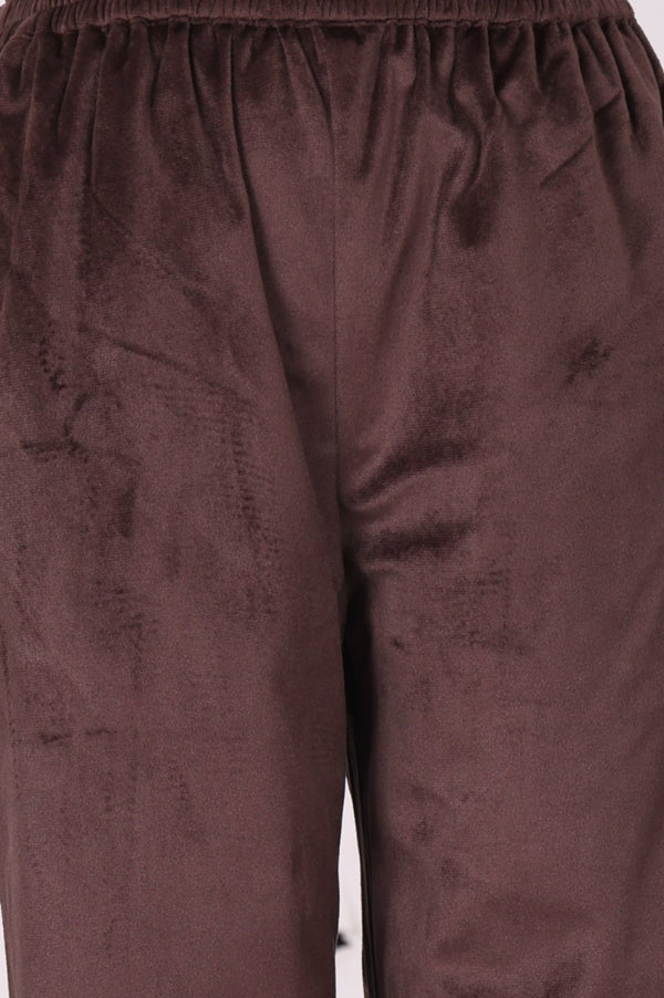 Brown Zari Embroidered Straight Velvet Kurta with Pants and Dupatta Set