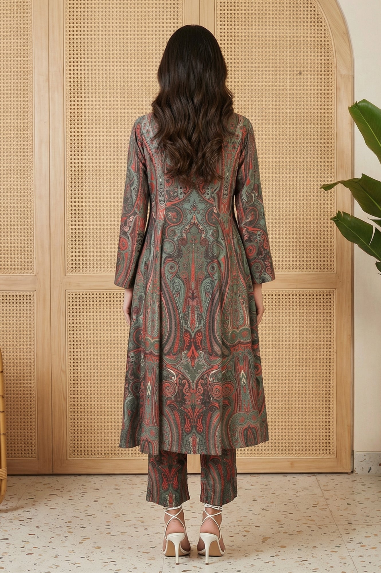 Green Paisley Mettalic Embroidered Pashmina Shimmer Anarkali Kurta with Straight Pants Set