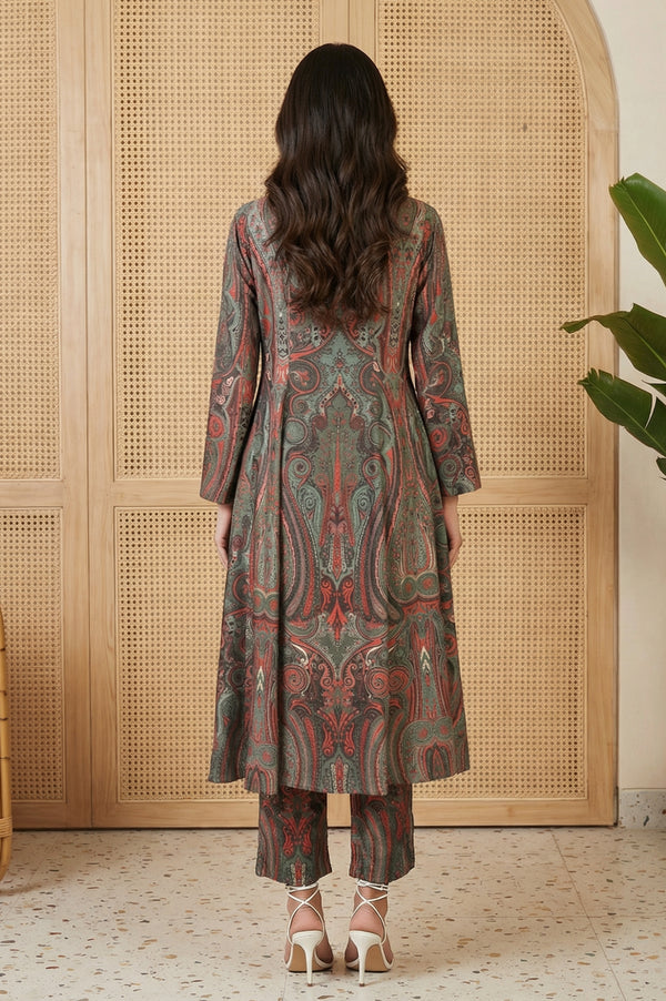 Green Paisley Mettalic Embroidered Pashmina Shimmer Anarkali Kurta with Straight Pants Set