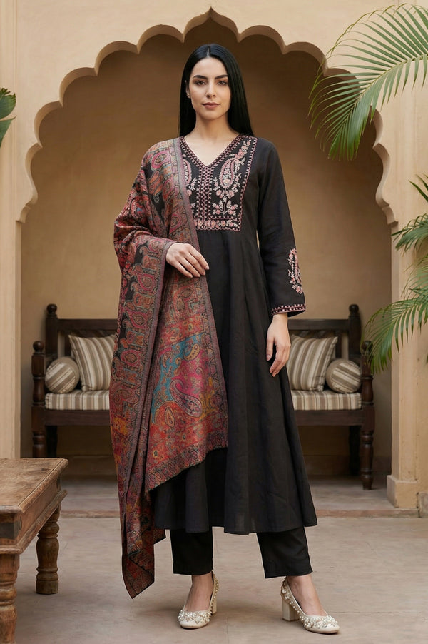 Black Embroidered Anarkali Kurta with Pants and Dupatta Set