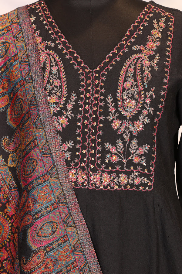Black Embroidered Anarkali Kurta with Pants and Dupatta Set
