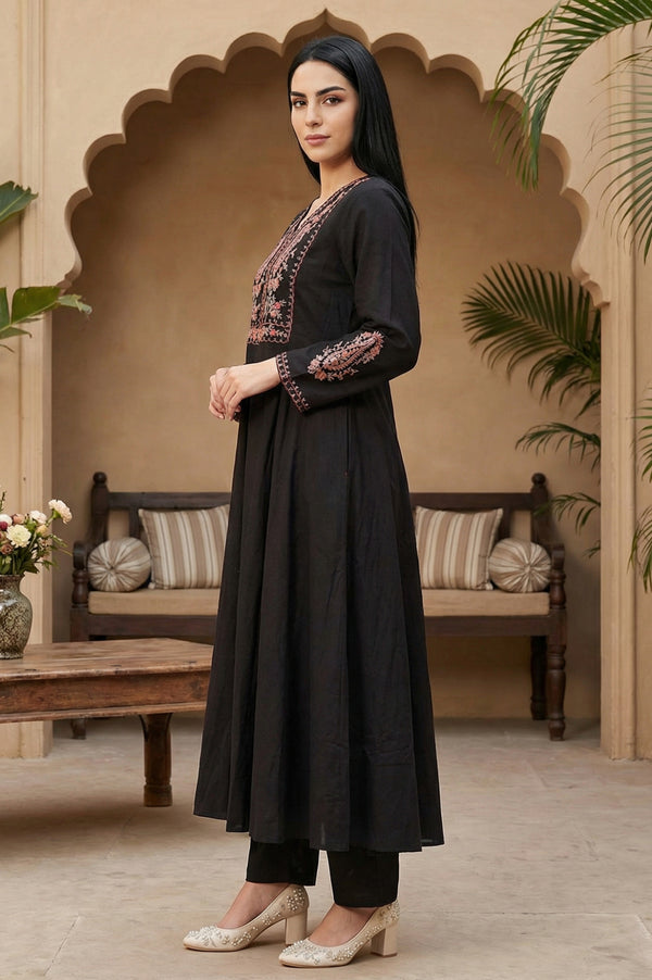 Black Embroidered Anarkali Kurta with Pants and Dupatta Set