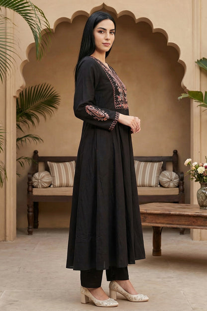 Black Embroidered Anarkali Kurta with Pants and Dupatta Set