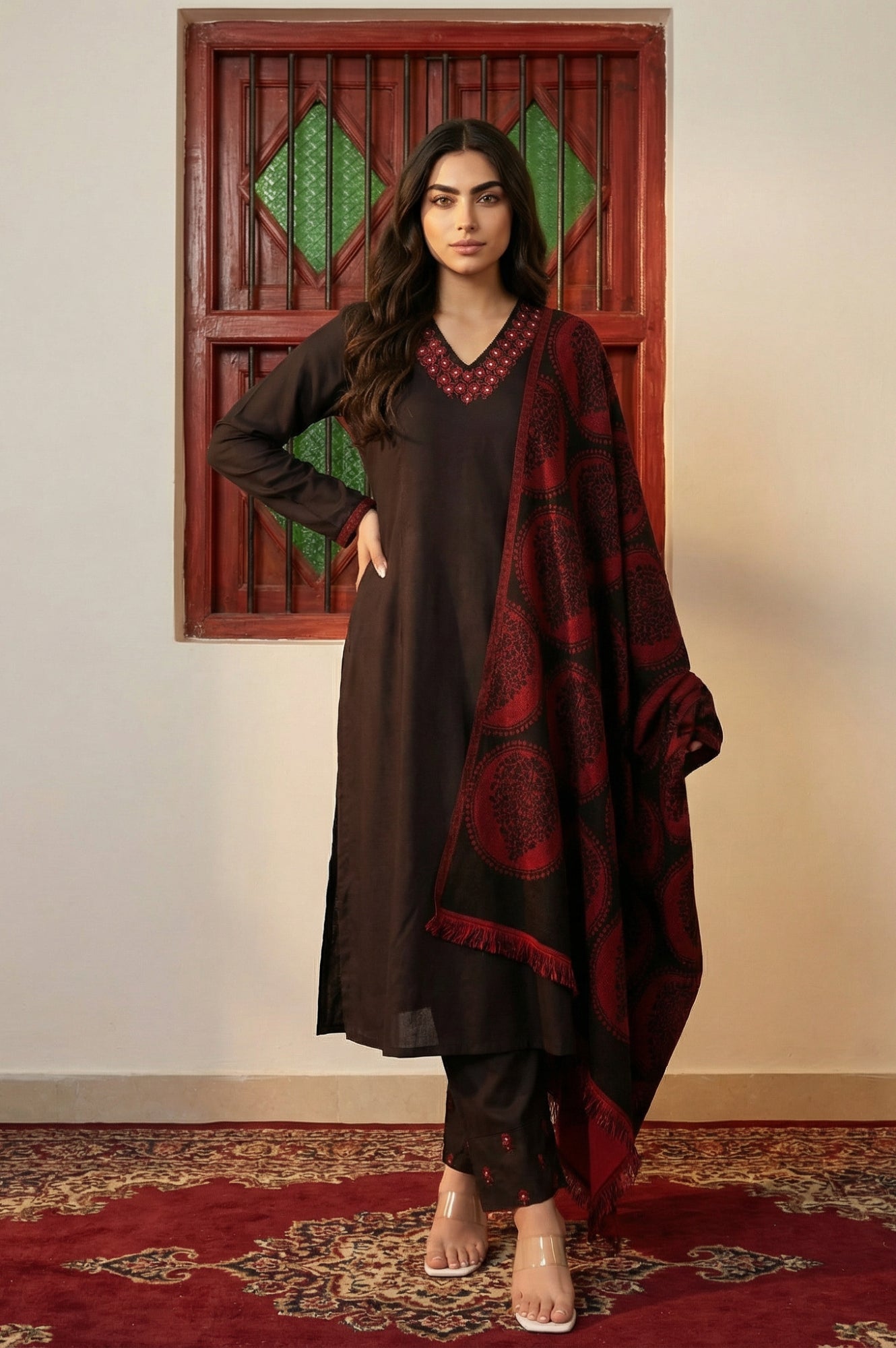 Black Solid Embroidered Straight Winter Kurta with Pants and Dupatta Set