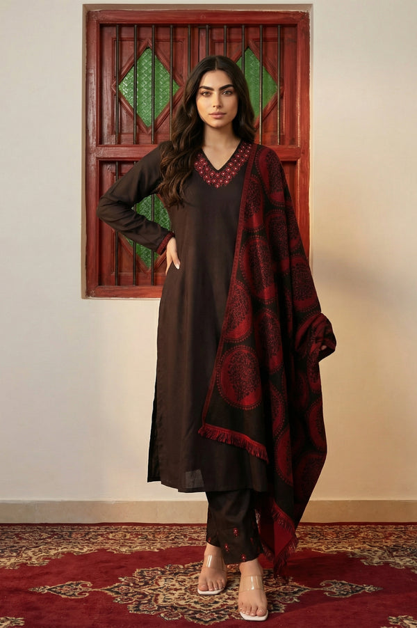 Black Solid Embroidered Straight Winter Kurta with Pants and Dupatta Set