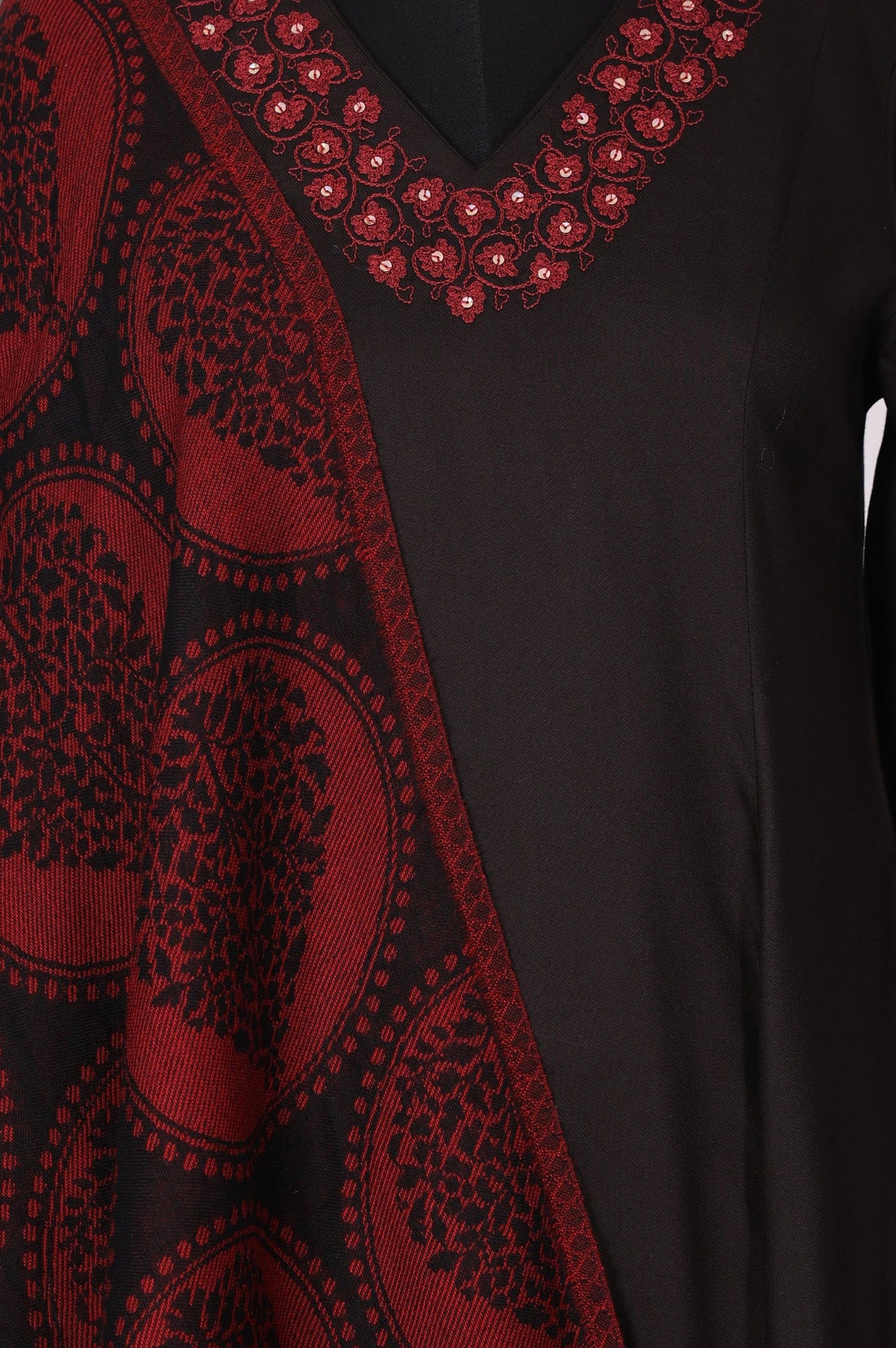 Black Solid Embroidered Straight Winter Kurta with Pants and Dupatta Set