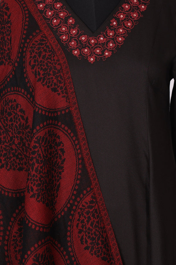 Black Solid Embroidered Straight Winter Kurta with Pants and Dupatta Set