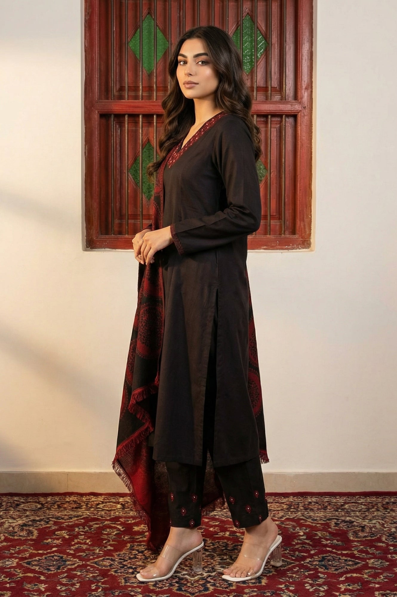 Black Solid Embroidered Straight Winter Kurta with Pants and Dupatta Set