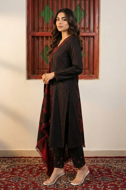 Black Solid Embroidered Straight Winter Kurta with Pants and Dupatta Set