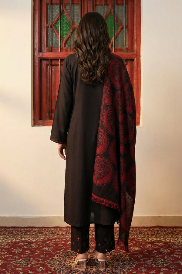 Black Solid Embroidered Straight Winter Kurta with Pants and Dupatta Set