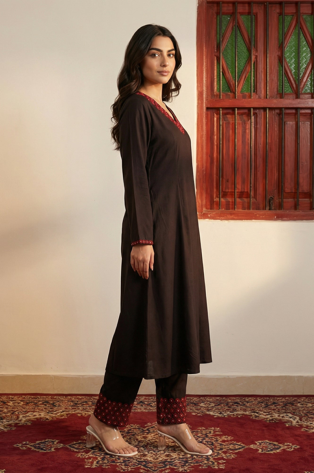 Black Solid Embroidered Straight Winter Kurta with Pants and Dupatta Set