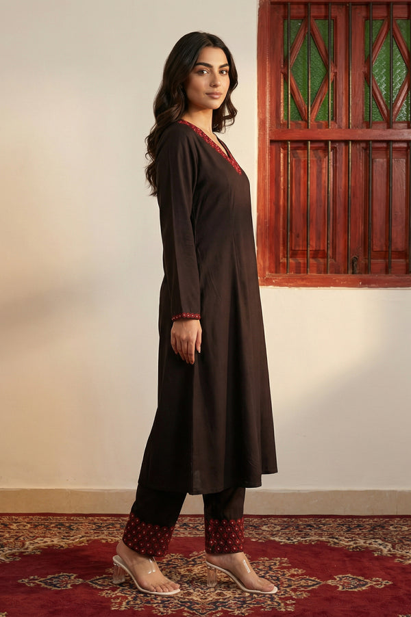 Black Solid Embroidered Straight Winter Kurta with Pants and Dupatta Set