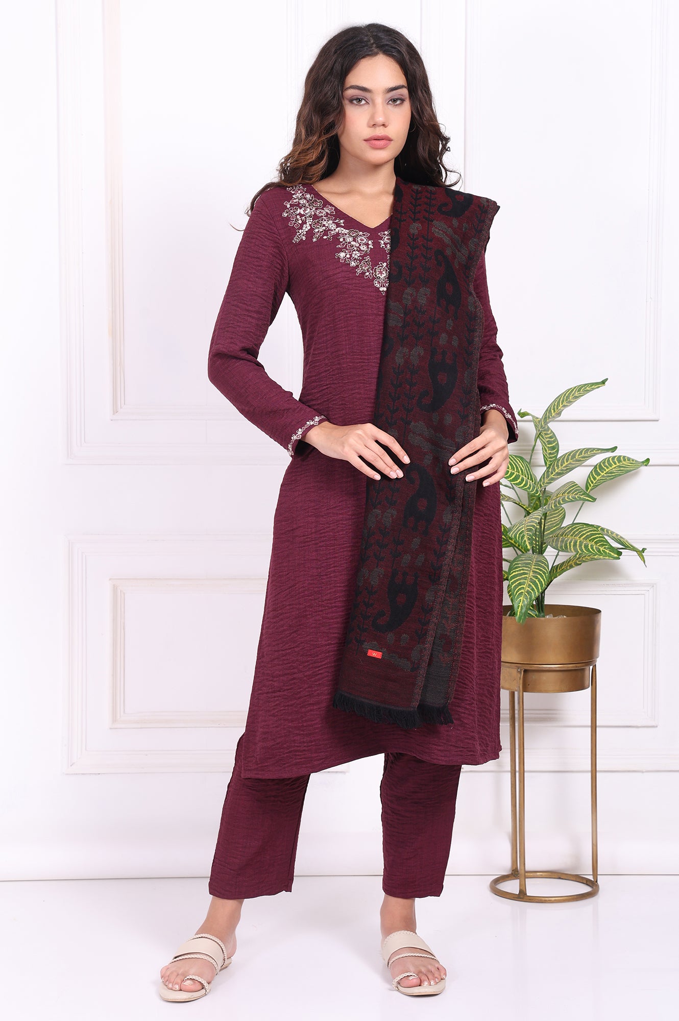 Maroon Embroidered Straight Kurta with Straight Pant and Dupatta Set