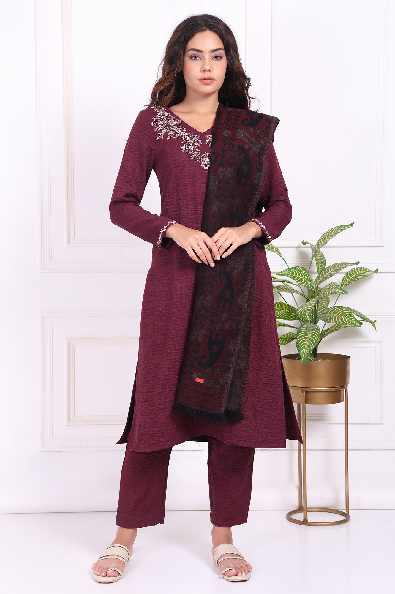 Maroon Embroidered Straight Kurta with Straight Pant and Dupatta Set