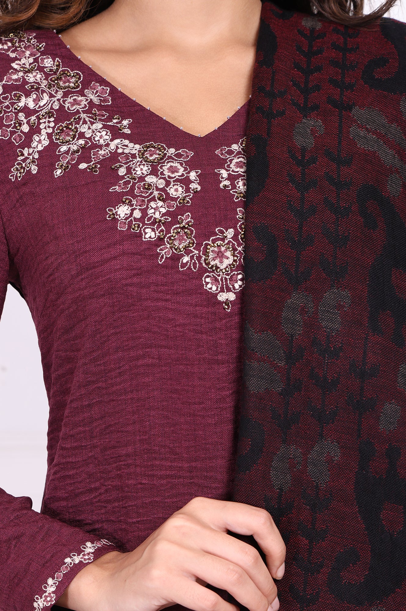 Maroon Embroidered Straight Kurta with Straight Pant and Dupatta Set